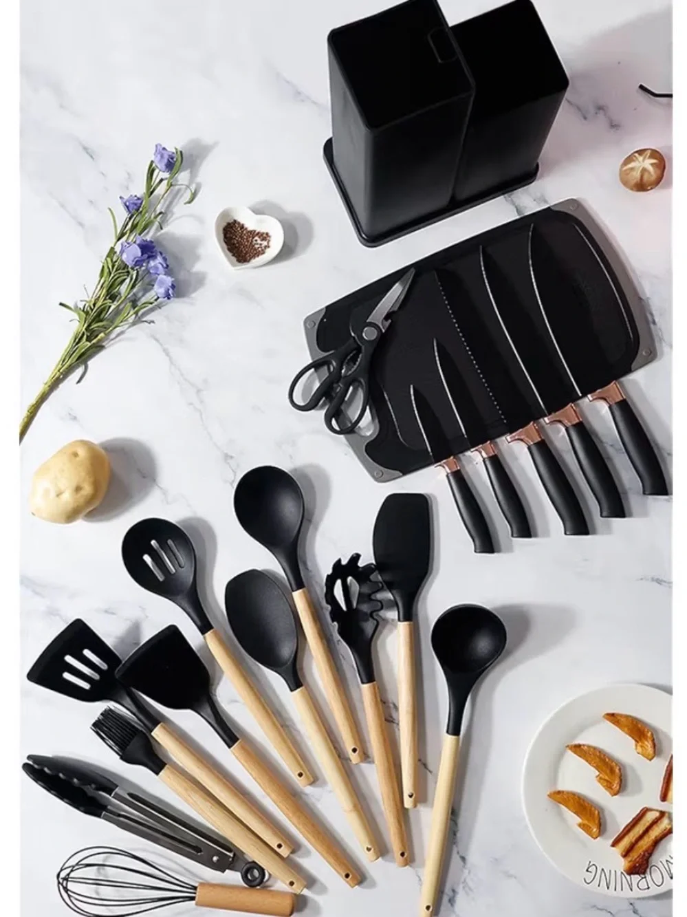 Kitchenware Set 18-Piece Black and Rose Gold Knife & Utensil Organizer